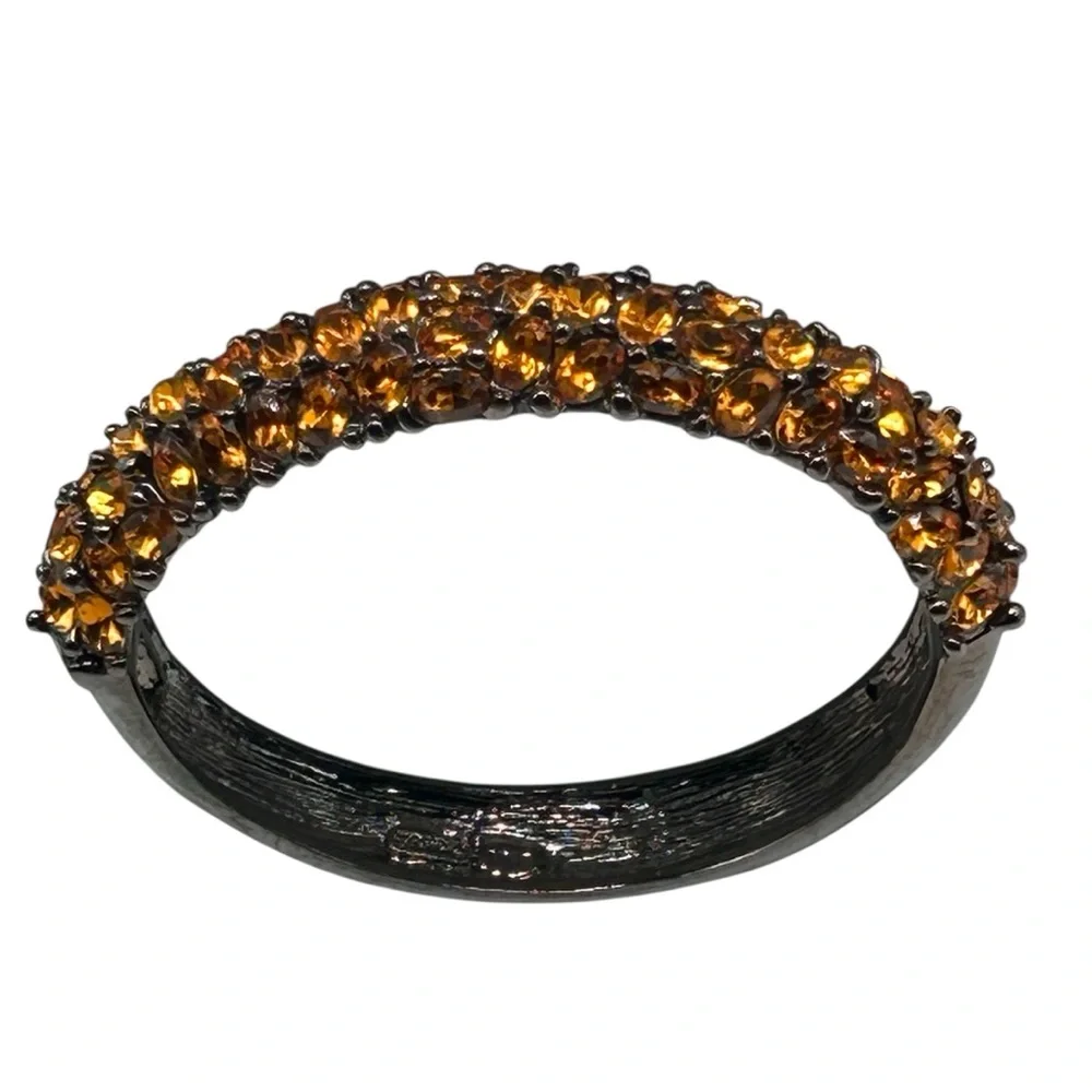 Vintage KJL Orange Rhinestone Gunmetal Hinged Bracelet - Picture 3 of 7